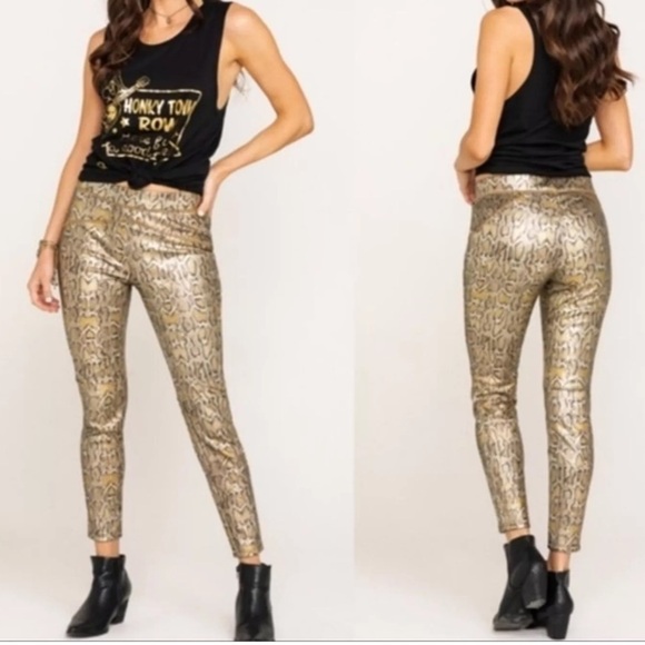 Free People | NWT Rio Vegan Metallic Gold Python Snakeskin Pull On Leggings M - Picture 6 of 6